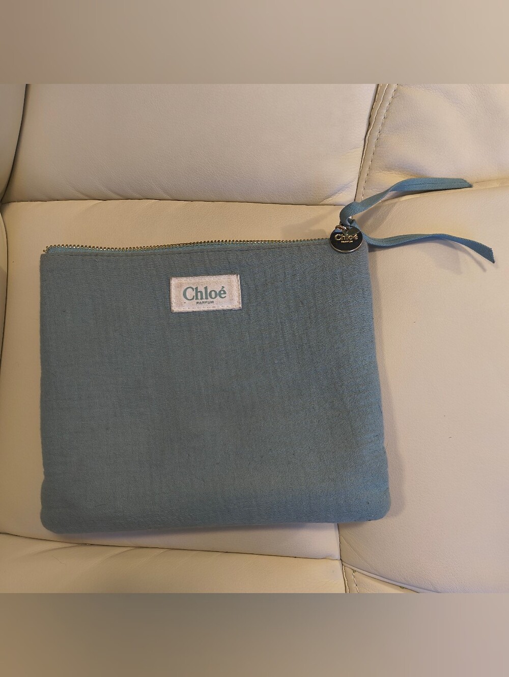 Chloe Parfums Slate Blue Linen Makeup Cosmetic Bag Pouch Gold Logo Zipper